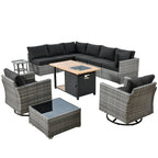 Ensemble de canapés d'angle OVIOS en résine tressée à assise profonde, 11 pièces, fauteuils pivotants et foyer extérieur