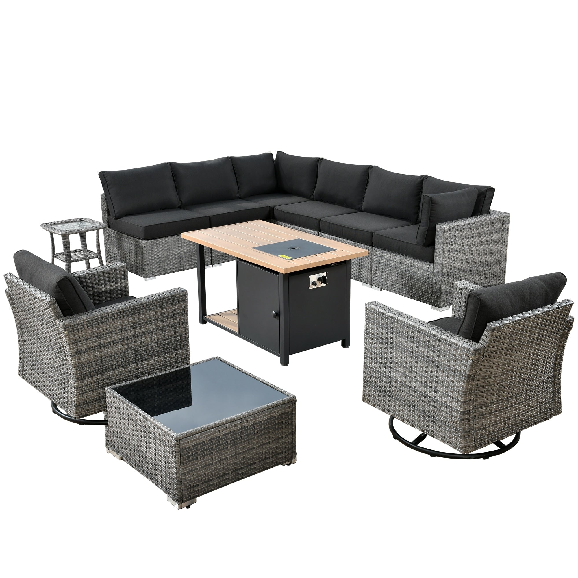 Ensemble de canapés d'angle OVIOS en résine tressée à assise profonde, 11 pièces, fauteuils pivotants et foyer extérieur