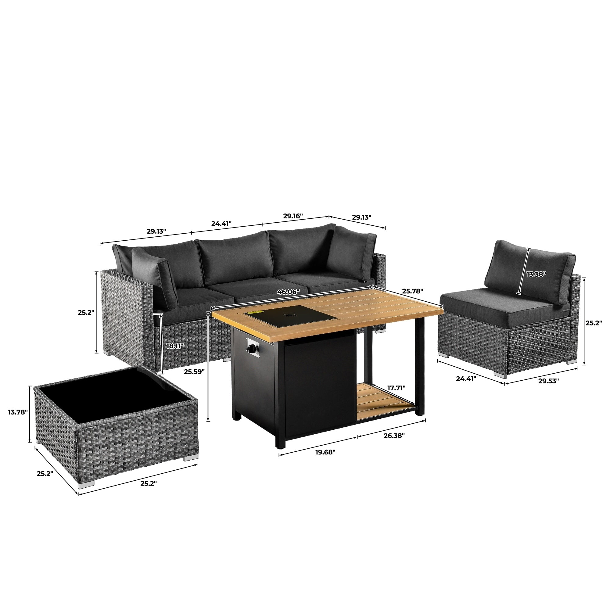 Ensemble de canapés d'angle OVIOS en résine tressée à assise profonde, 11 pièces, fauteuils pivotants et foyer extérieur