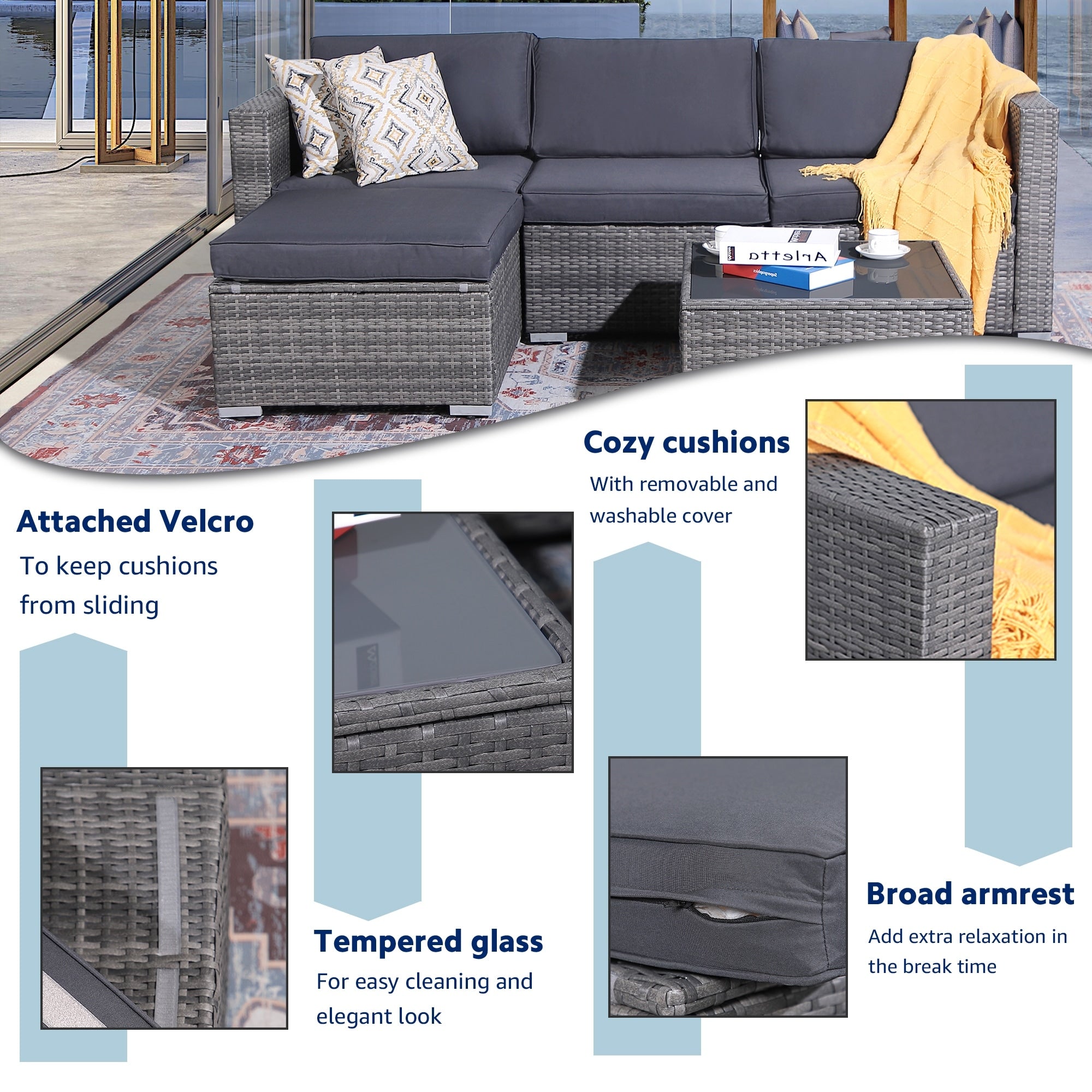 Ensemble de canapé d'extérieur en osier composé de 5 pièces avec coussins