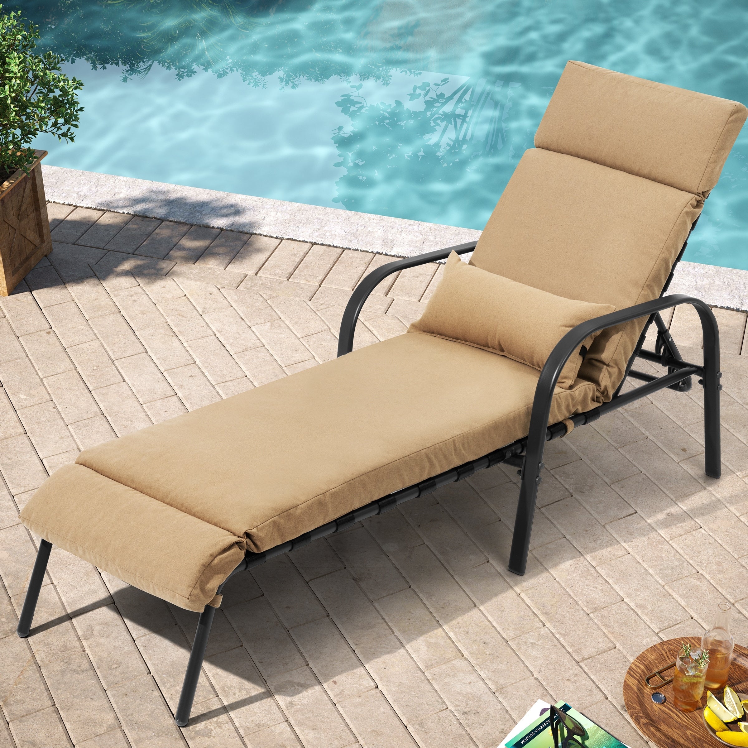 Chaise longue de jardin réglable avec coussin pour extérieur, pour terrasse, plage ou bord de piscine
