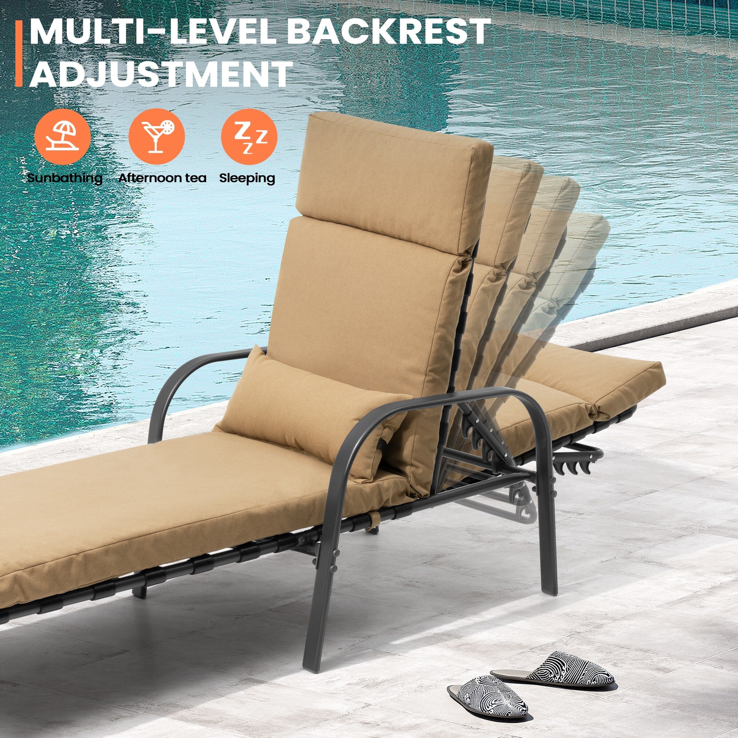 Chaise longue de jardin réglable avec coussin pour extérieur, pour terrasse, plage ou bord de piscine