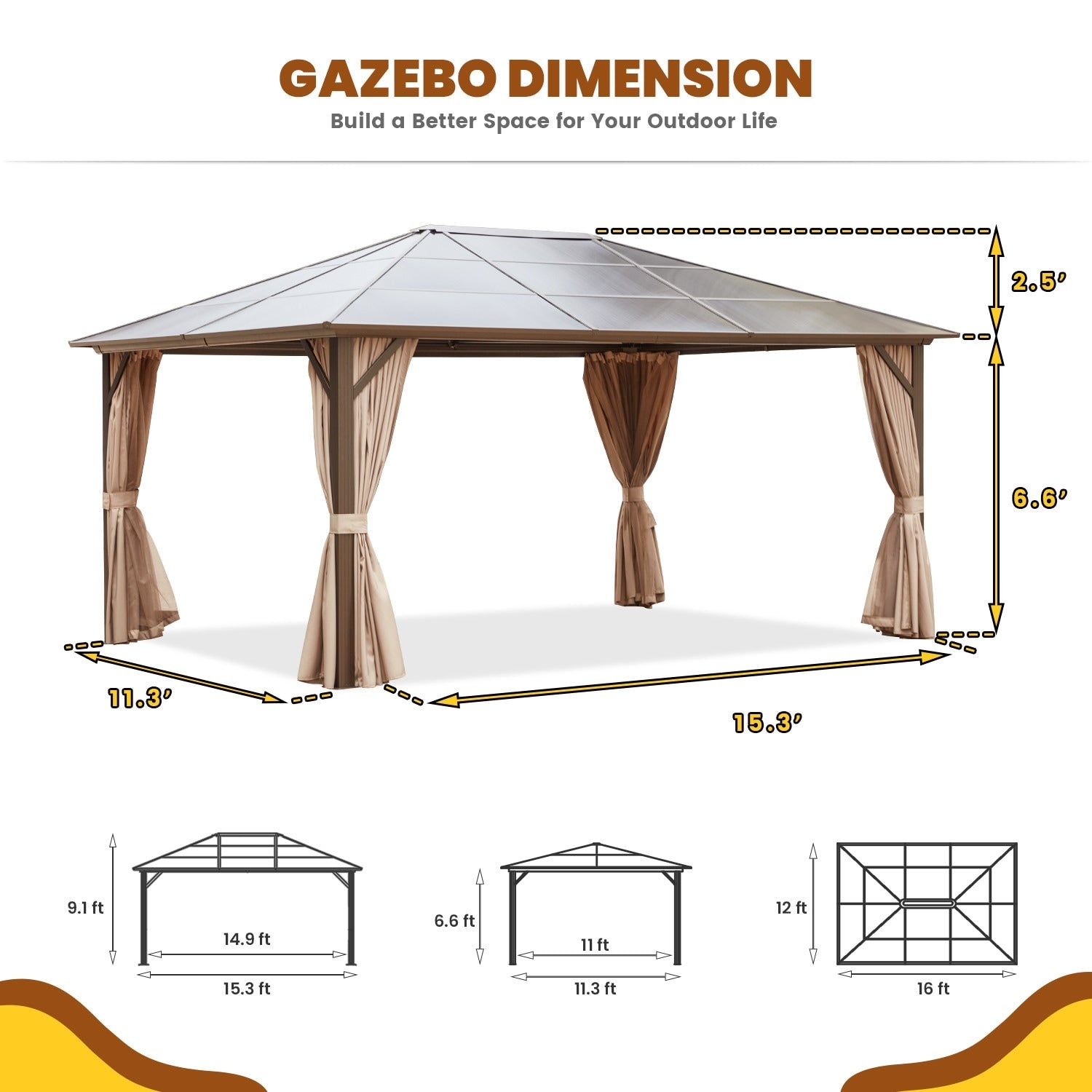EROMMY Gazebo à toit rigide, Pergola d'extérieur avec double toit, moustiquaire et rideaux, auvent robuste pour patio, jardin, fête à la piscine