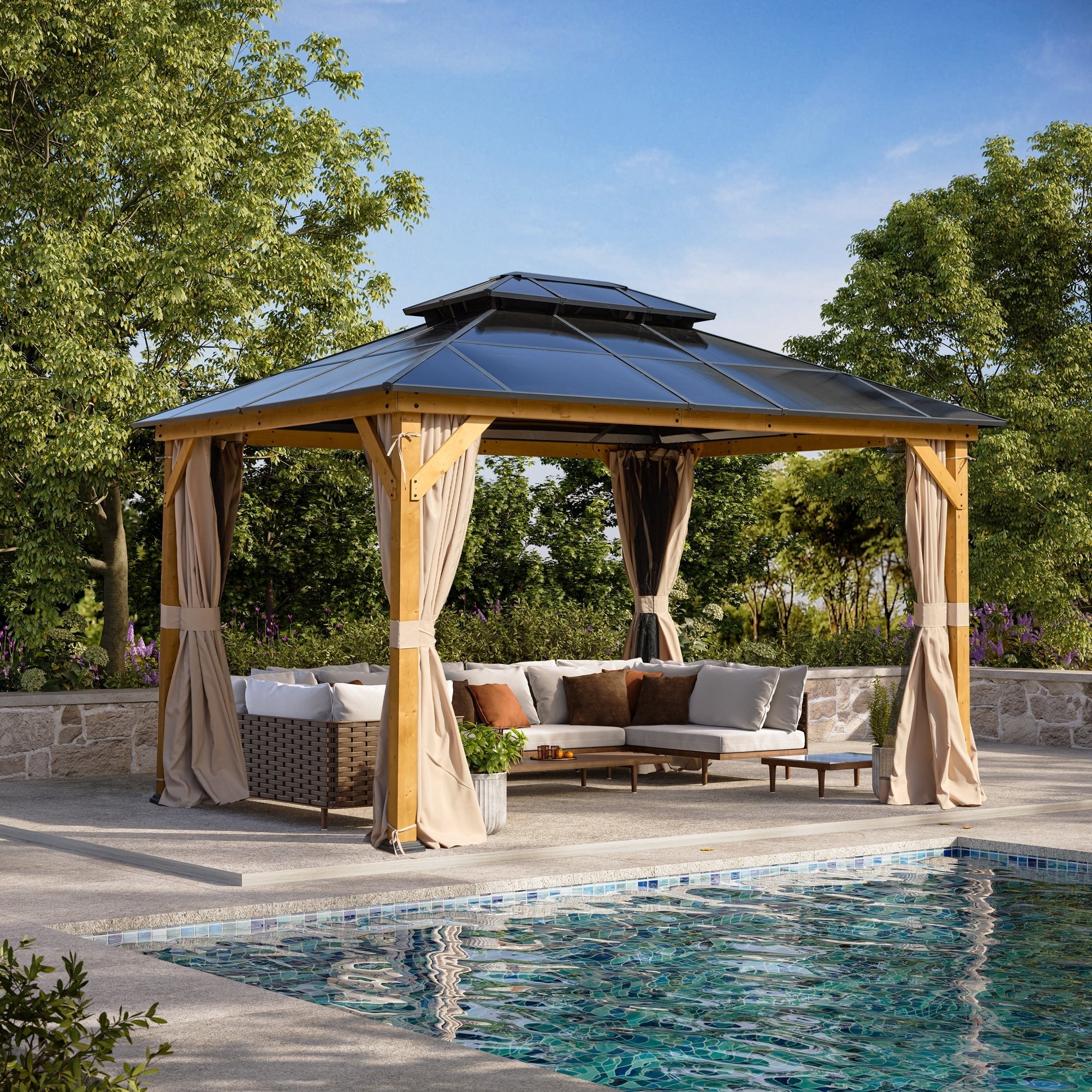 EROMMY Gazebo à toit rigide, Pergola d'extérieur avec double toit, moustiquaire et rideaux, auvent robuste pour patio, jardin, fête à la piscine