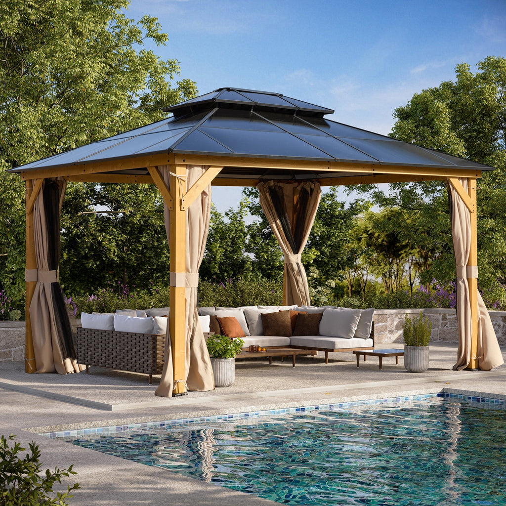 EROMMY Gazebo à toit rigide, Pergola d'extérieur avec double toit, moustiquaire et rideaux, auvent robuste pour patio, jardin, fête à la piscine