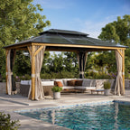EROMMY Gazebo à toit rigide, Pergola d'extérieur avec double toit, moustiquaire et rideaux, auvent robuste pour patio, jardin, fête à la piscine