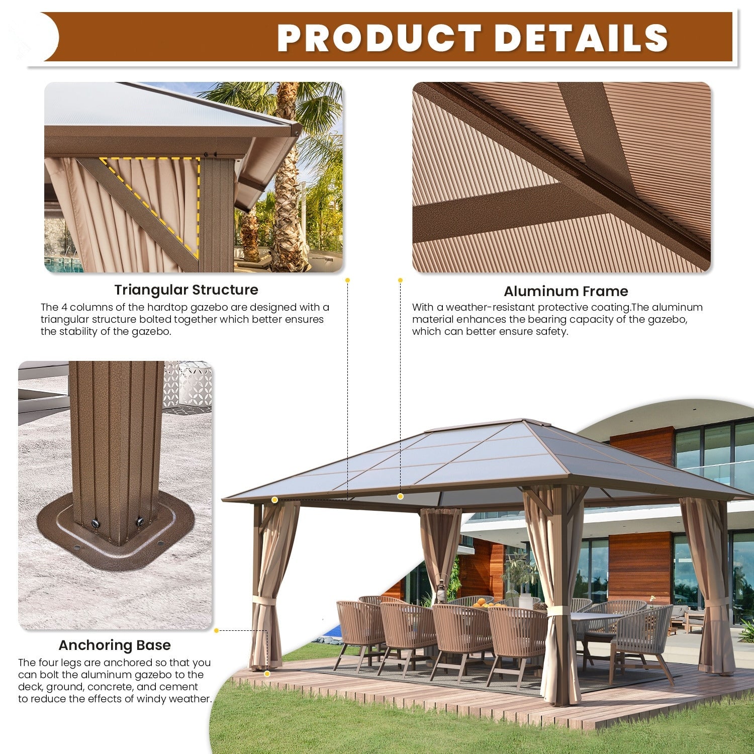 EROMMY Gazebo à toit rigide, Pergola d'extérieur avec double toit, moustiquaire et rideaux, auvent robuste pour patio, jardin, fête à la piscine