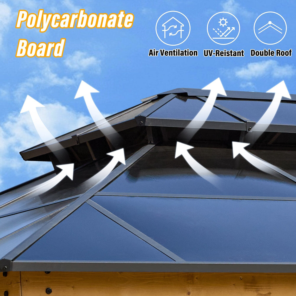 EROMMY Gazebo à toit rigide, Pergola d'extérieur avec double toit, moustiquaire et rideaux, auvent robuste pour patio, jardin, fête à la piscine