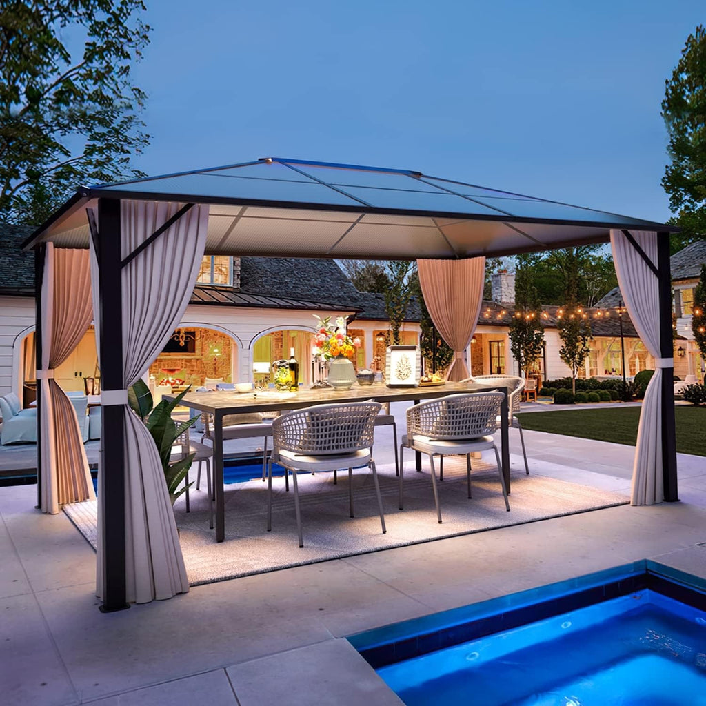EROMMY Gazebo à toit rigide, Pergola d'extérieur avec double toit, moustiquaire et rideaux, auvent robuste pour patio, jardin, fête à la piscine