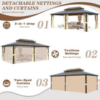 EROMMY Gazebo à toit rigide, Pergola d'extérieur avec double toit, moustiquaire et rideaux, auvent robuste pour patio, jardin, fête à la piscine