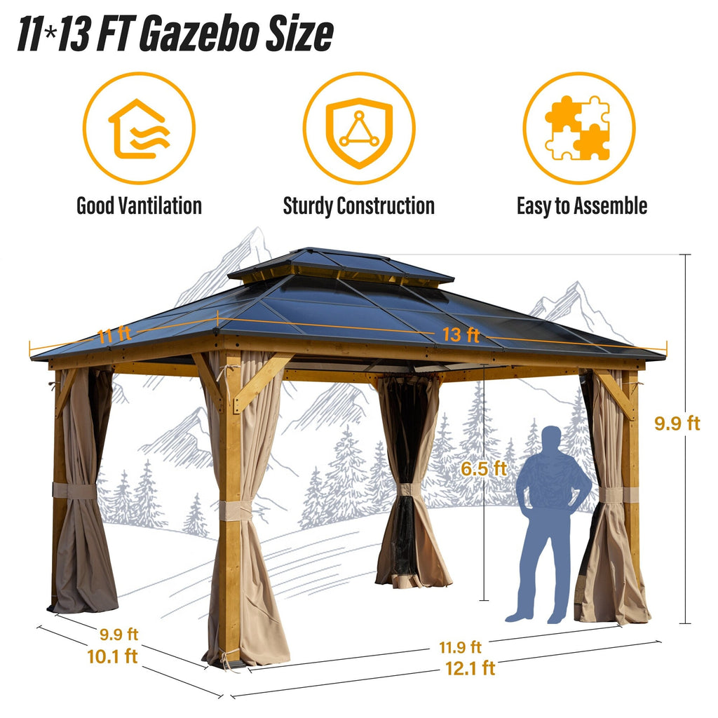 EROMMY Gazebo à toit rigide, Pergola d'extérieur avec double toit, moustiquaire et rideaux, auvent robuste pour patio, jardin, fête à la piscine