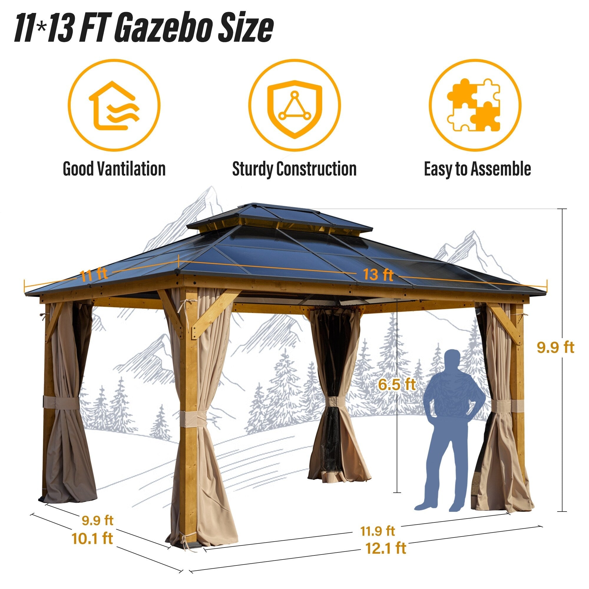 EROMMY Gazebo à toit rigide, Pergola d'extérieur avec double toit, moustiquaire et rideaux, auvent robuste pour patio, jardin, fête à la piscine