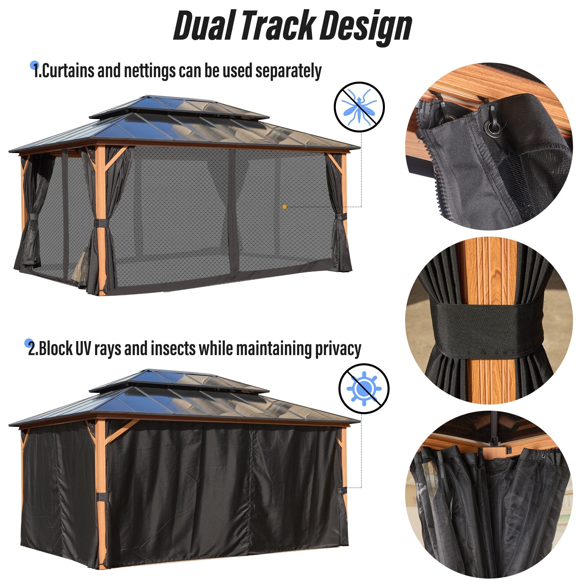EROMMY Gazebo à toit rigide, Pergola d'extérieur avec double toit, moustiquaire et rideaux, auvent robuste pour patio, jardin, fête à la piscine