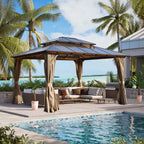 EROMMY Gazebo à toit rigide, Pergola d'extérieur avec double toit, moustiquaire et rideaux, auvent robuste pour patio, jardin, fête à la piscine