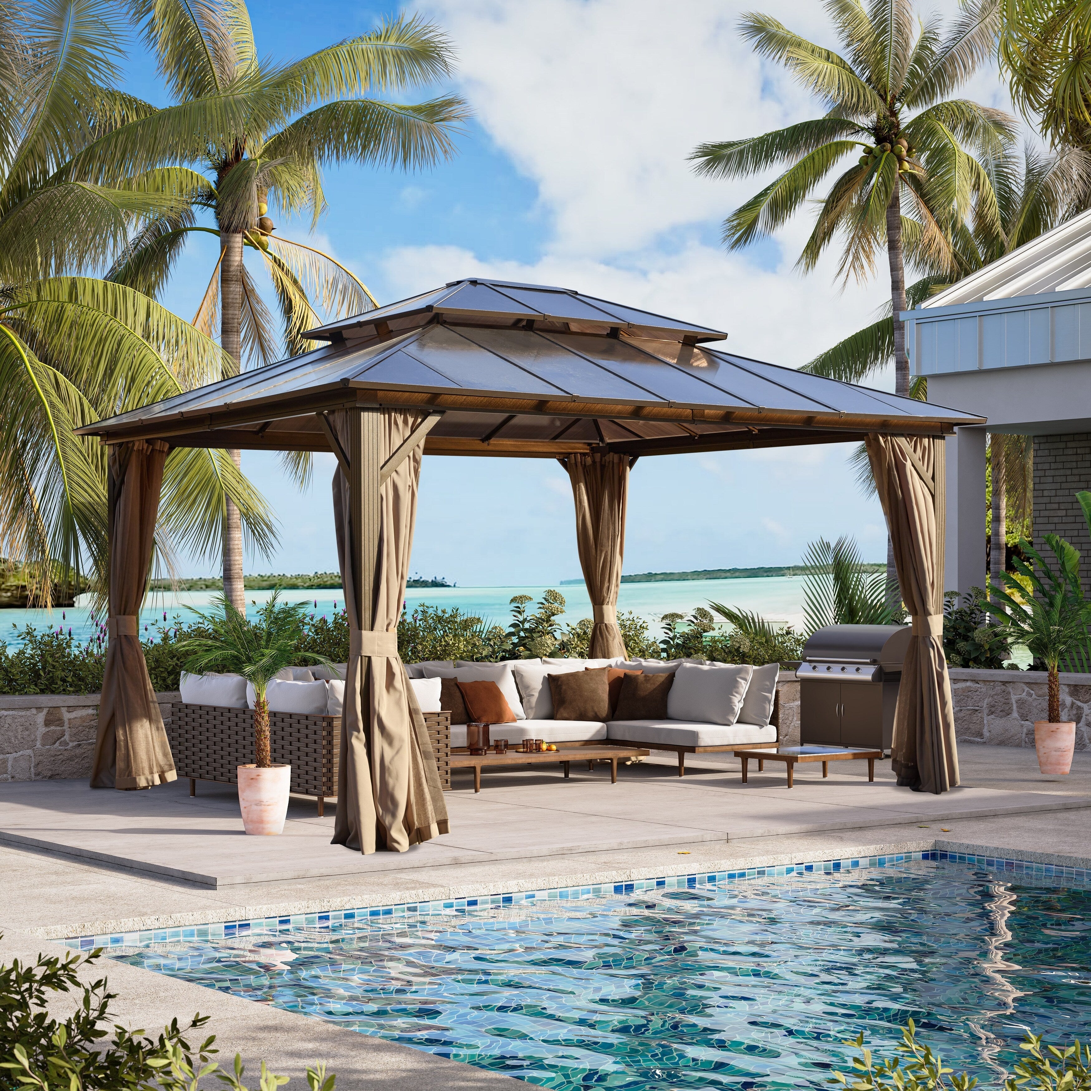 EROMMY Gazebo à toit rigide, Pergola d'extérieur avec double toit, moustiquaire et rideaux, auvent robuste pour patio, jardin, fête à la piscine