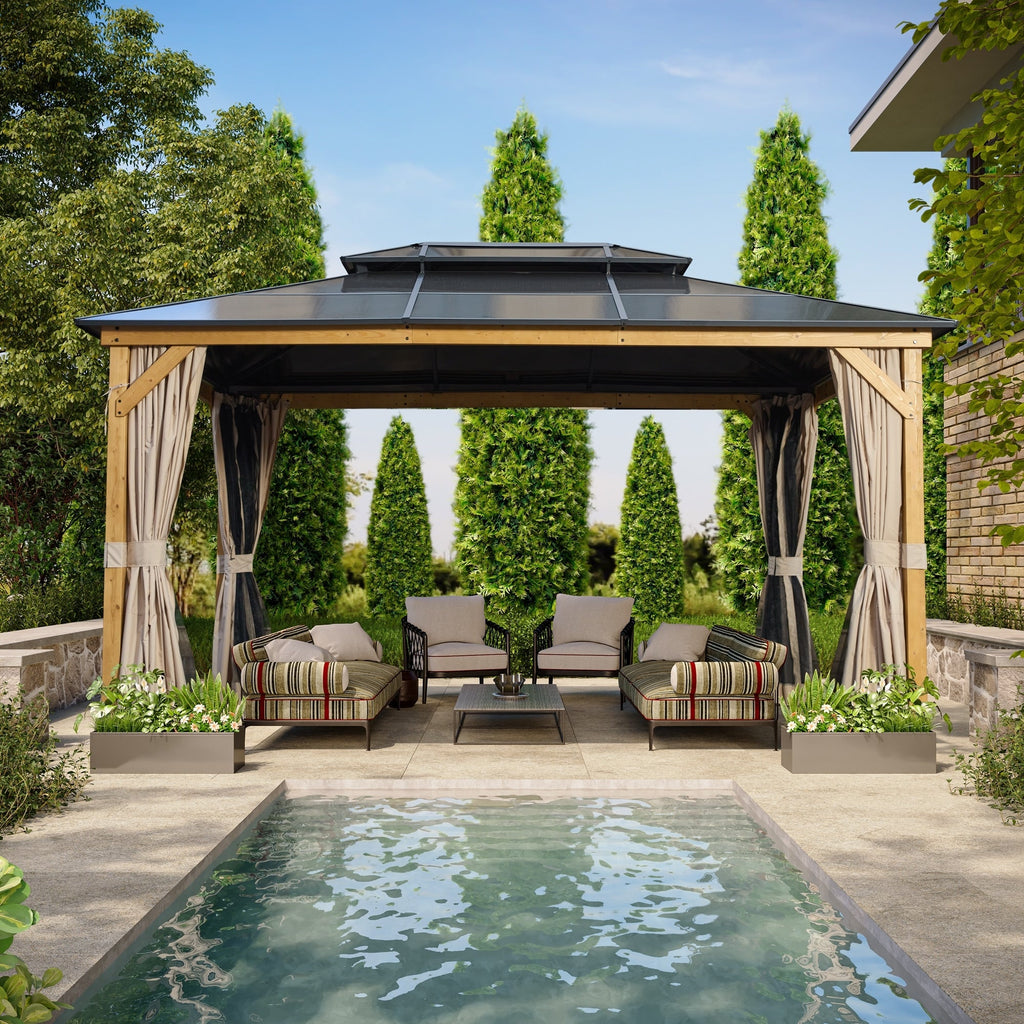 EROMMY Gazebo à toit rigide, Pergola d'extérieur avec double toit, moustiquaire et rideaux, auvent robuste pour patio, jardin, fête à la piscine