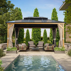 EROMMY Gazebo à toit rigide, Pergola d'extérieur avec double toit, moustiquaire et rideaux, auvent robuste pour patio, jardin, fête à la piscine