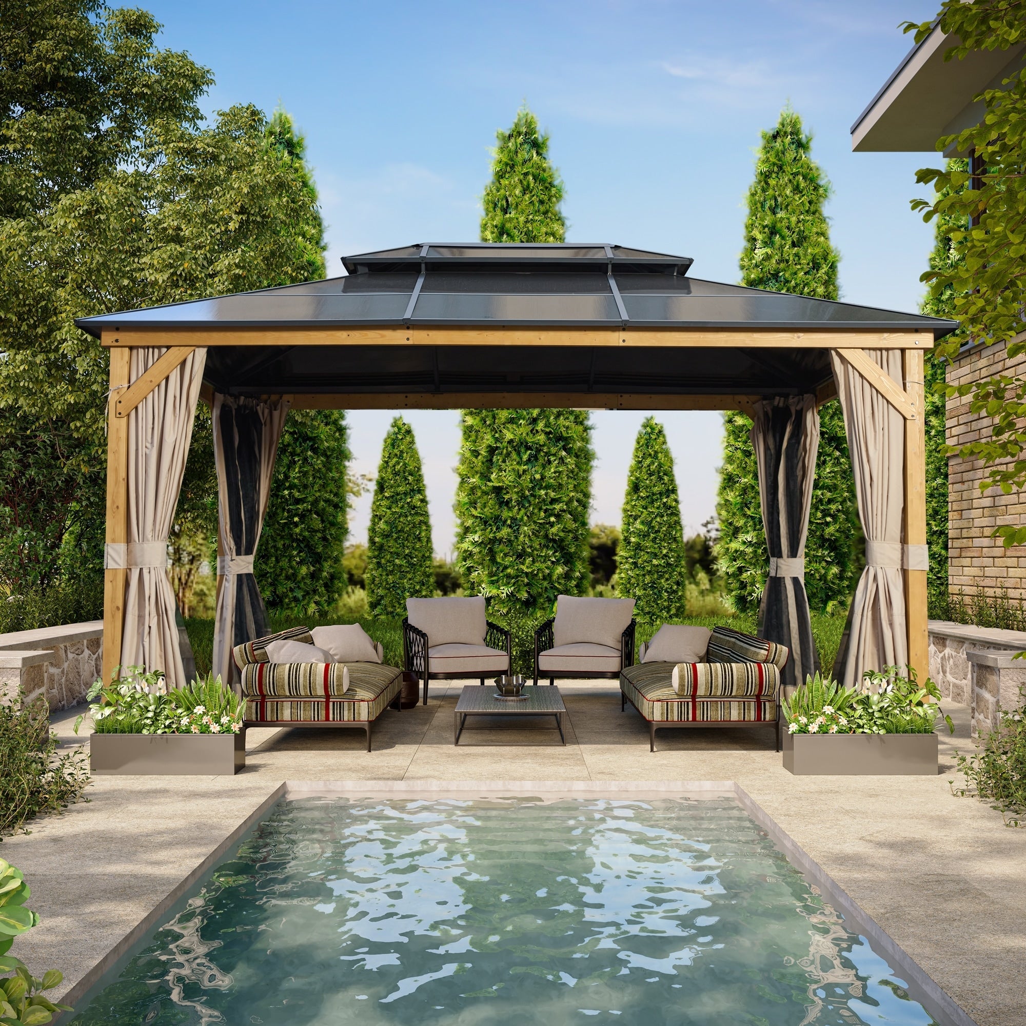 EROMMY Gazebo à toit rigide, Pergola d'extérieur avec double toit, moustiquaire et rideaux, auvent robuste pour patio, jardin, fête à la piscine