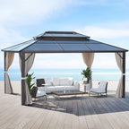 EROMMY Gazebo à toit rigide, Pergola d'extérieur avec double toit, moustiquaire et rideaux, auvent robuste pour patio, jardin, fête à la piscine