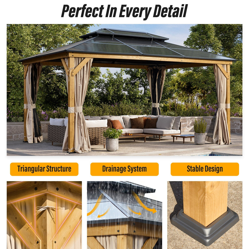 EROMMY Gazebo à toit rigide, Pergola d'extérieur avec double toit, moustiquaire et rideaux, auvent robuste pour patio, jardin, fête à la piscine