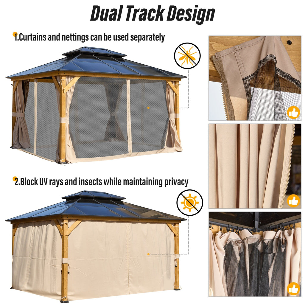 EROMMY Gazebo à toit rigide, Pergola d'extérieur avec double toit, moustiquaire et rideaux, auvent robuste pour patio, jardin, fête à la piscine