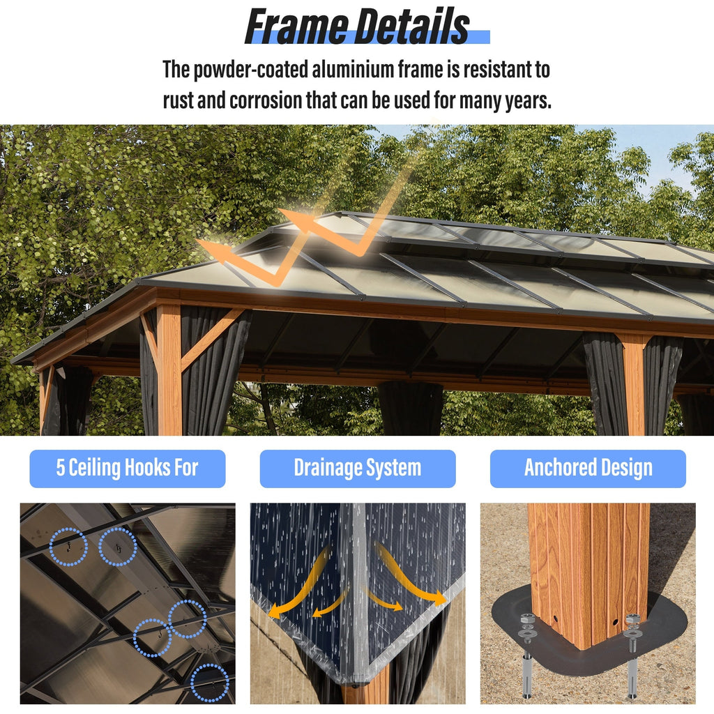 EROMMY Gazebo à toit rigide, Pergola d'extérieur avec double toit, moustiquaire et rideaux, auvent robuste pour patio, jardin, fête à la piscine