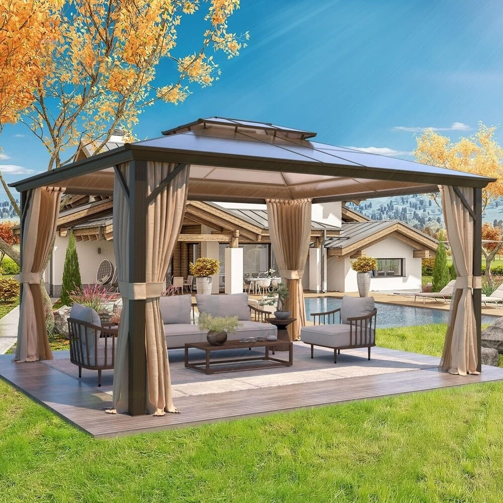EROMMY Gazebo à toit rigide, Pergola d'extérieur avec double toit, moustiquaire et rideaux, auvent robuste pour patio, jardin, fête à la piscine