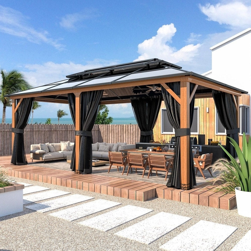 EROMMY Gazebo à toit rigide, Pergola d'extérieur avec double toit, moustiquaire et rideaux, auvent robuste pour patio, jardin, fête à la piscine