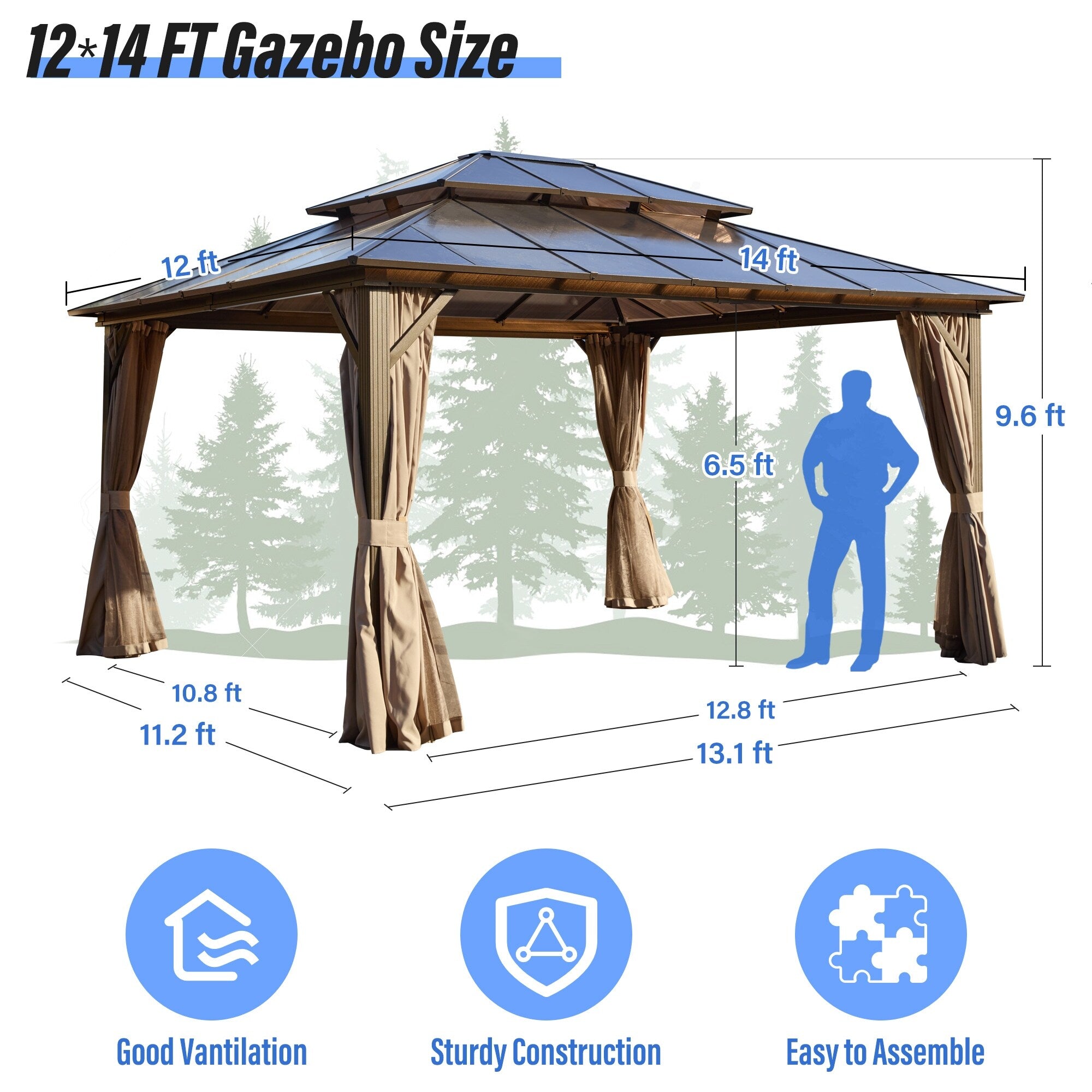 EROMMY Gazebo à toit rigide, Pergola d'extérieur avec double toit, moustiquaire et rideaux, auvent robuste pour patio, jardin, fête à la piscine