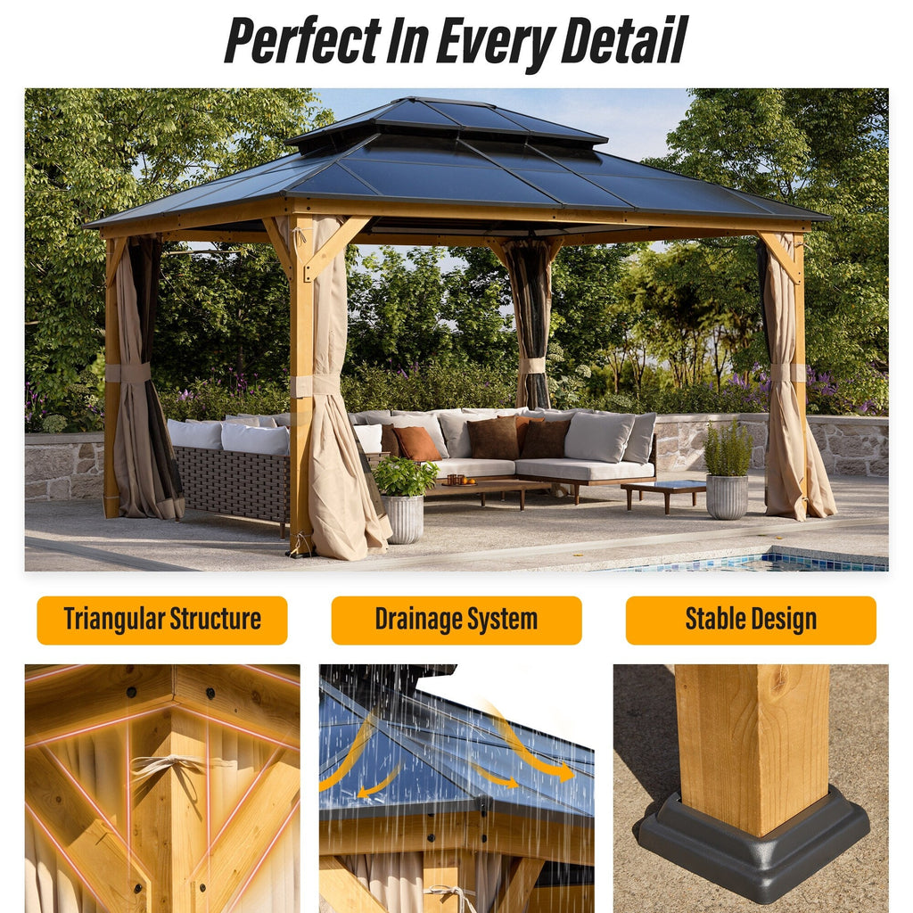 EROMMY Gazebo à toit rigide, Pergola d'extérieur avec double toit, moustiquaire et rideaux, auvent robuste pour patio, jardin, fête à la piscine