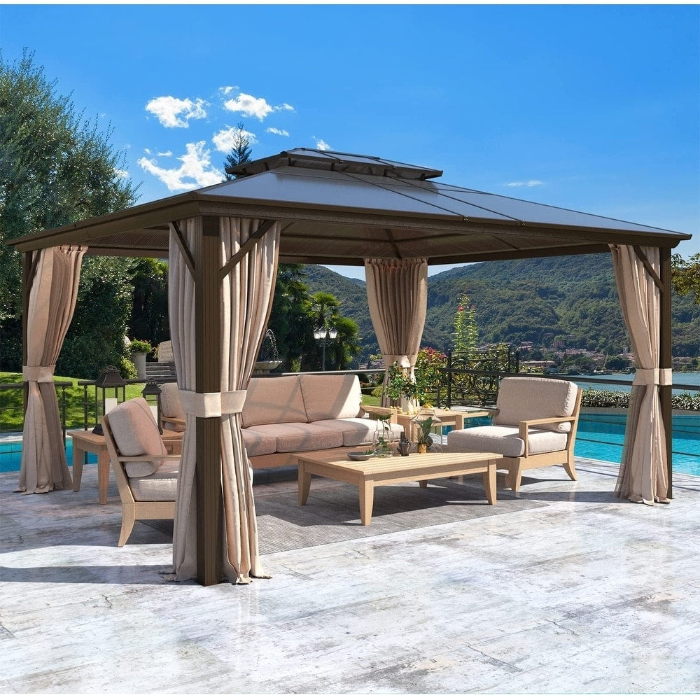 EROMMY Gazebo à toit rigide, Pergola d'extérieur avec double toit, moustiquaire et rideaux, auvent robuste pour patio, jardin, fête à la piscine