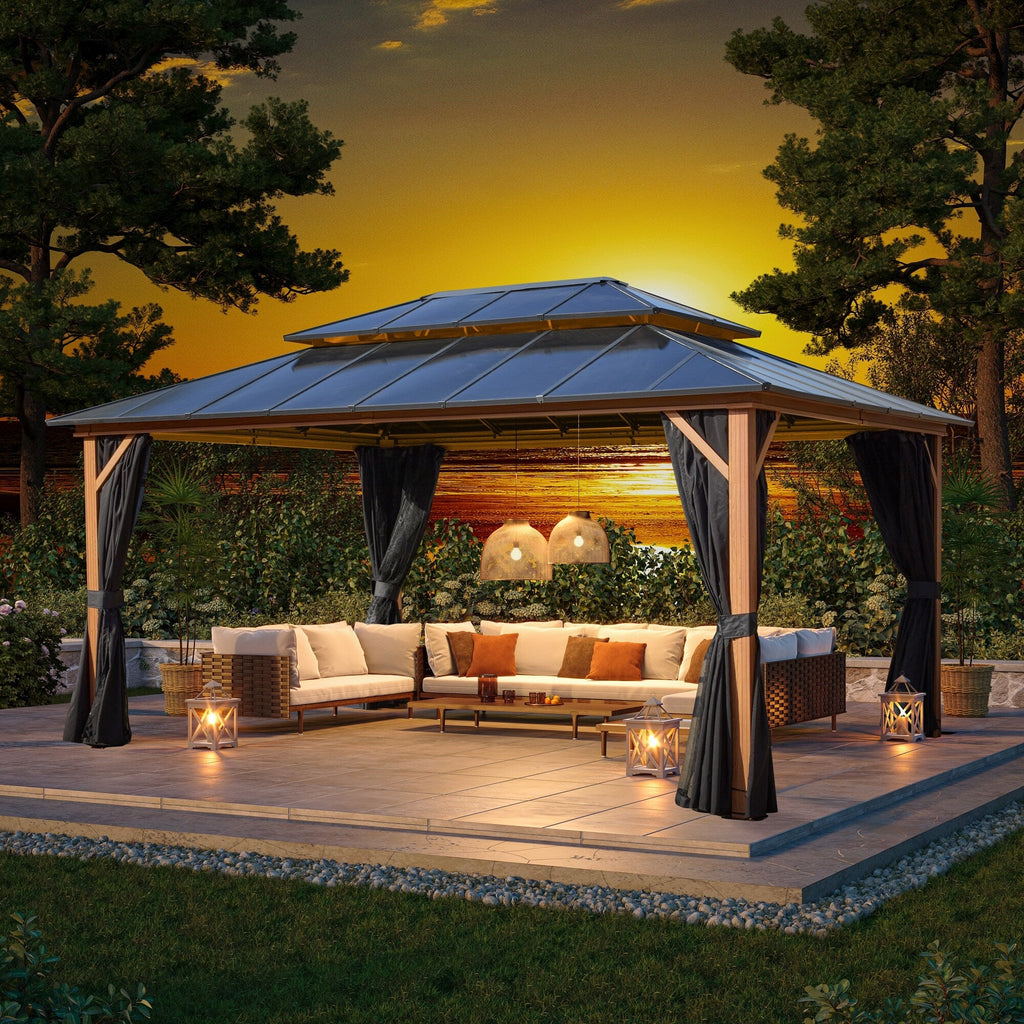 EROMMY Gazebo à toit rigide, Pergola d'extérieur avec double toit, moustiquaire et rideaux, auvent robuste pour patio, jardin, fête à la piscine