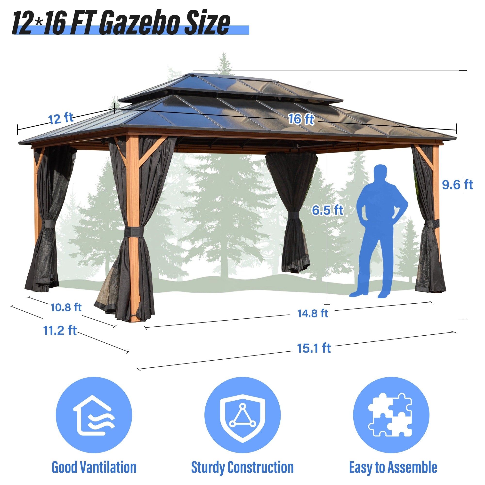 EROMMY Gazebo à toit rigide, Pergola d'extérieur avec double toit, moustiquaire et rideaux, auvent robuste pour patio, jardin, fête à la piscine