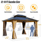 EROMMY Gazebo à toit rigide, Pergola d'extérieur avec double toit, moustiquaire et rideaux, auvent robuste pour patio, jardin, fête à la piscine