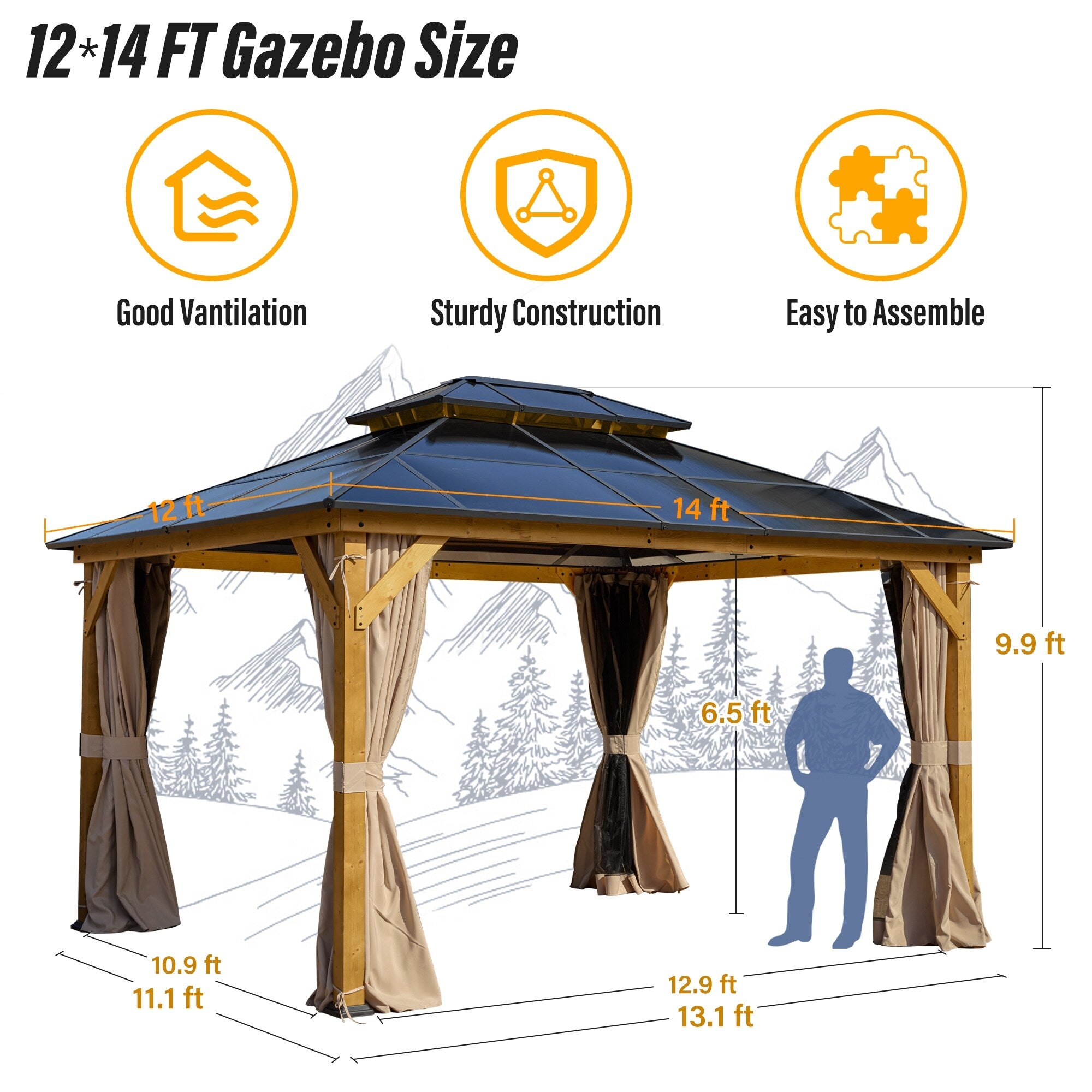 EROMMY Gazebo à toit rigide, Pergola d'extérieur avec double toit, moustiquaire et rideaux, auvent robuste pour patio, jardin, fête à la piscine