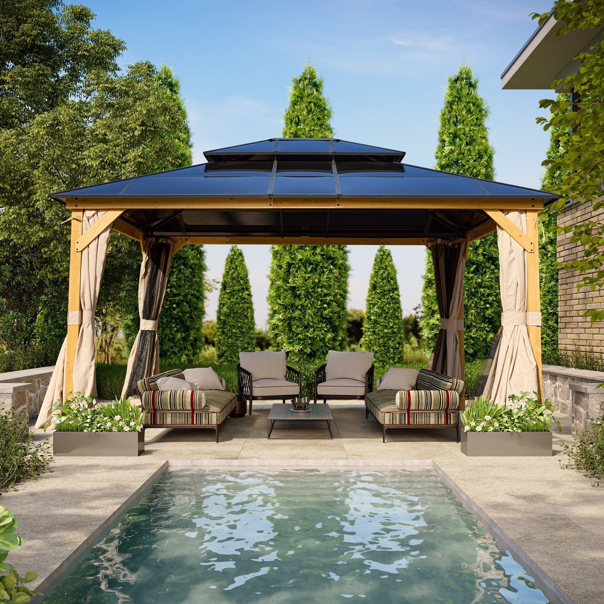 EROMMY Gazebo à toit rigide, Pergola d'extérieur avec double toit, moustiquaire et rideaux, auvent robuste pour patio, jardin, fête à la piscine