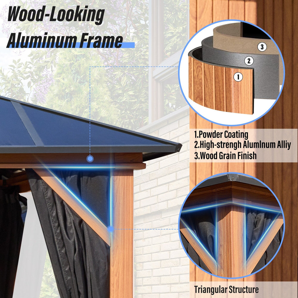 EROMMY Gazebo à toit rigide, Pergola d'extérieur avec double toit, moustiquaire et rideaux, auvent robuste pour patio, jardin, fête à la piscine