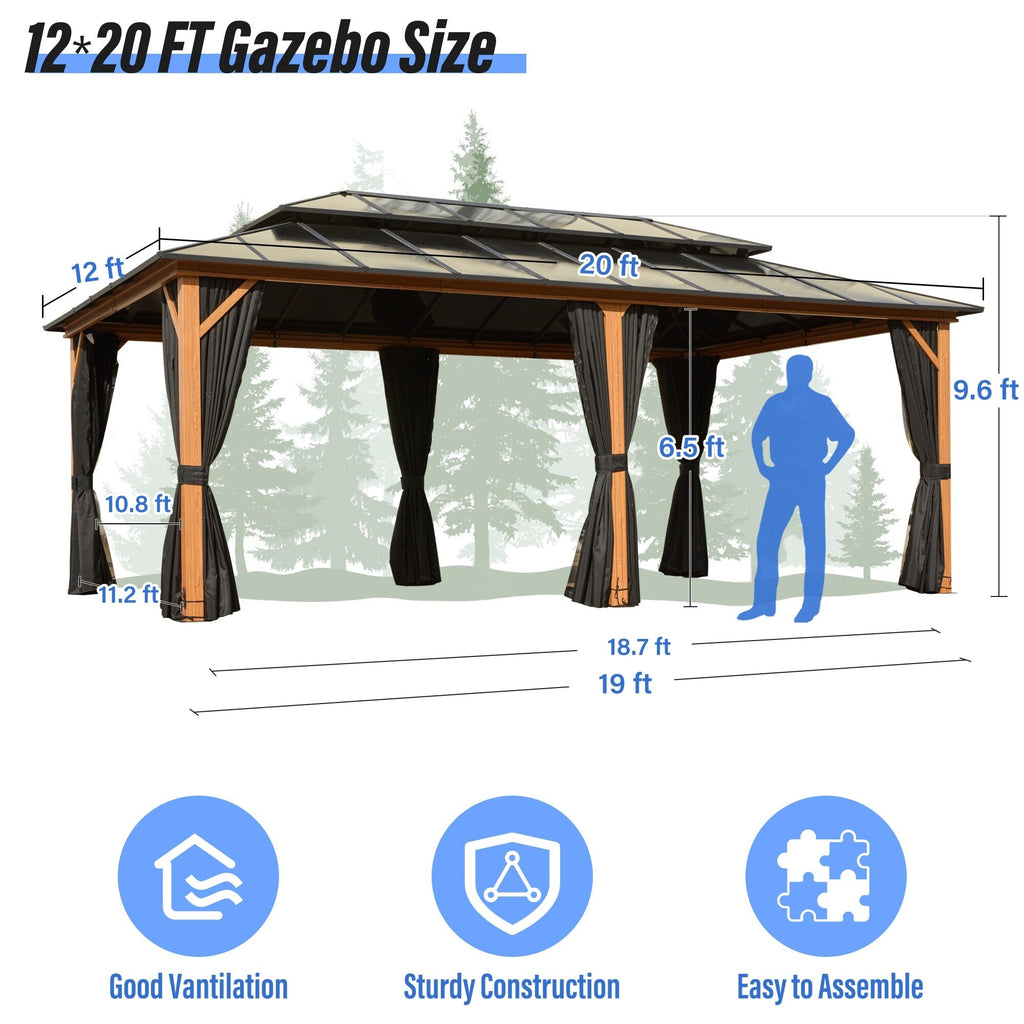 EROMMY Gazebo à toit rigide, Pergola d'extérieur avec double toit, moustiquaire et rideaux, auvent robuste pour patio, jardin, fête à la piscine