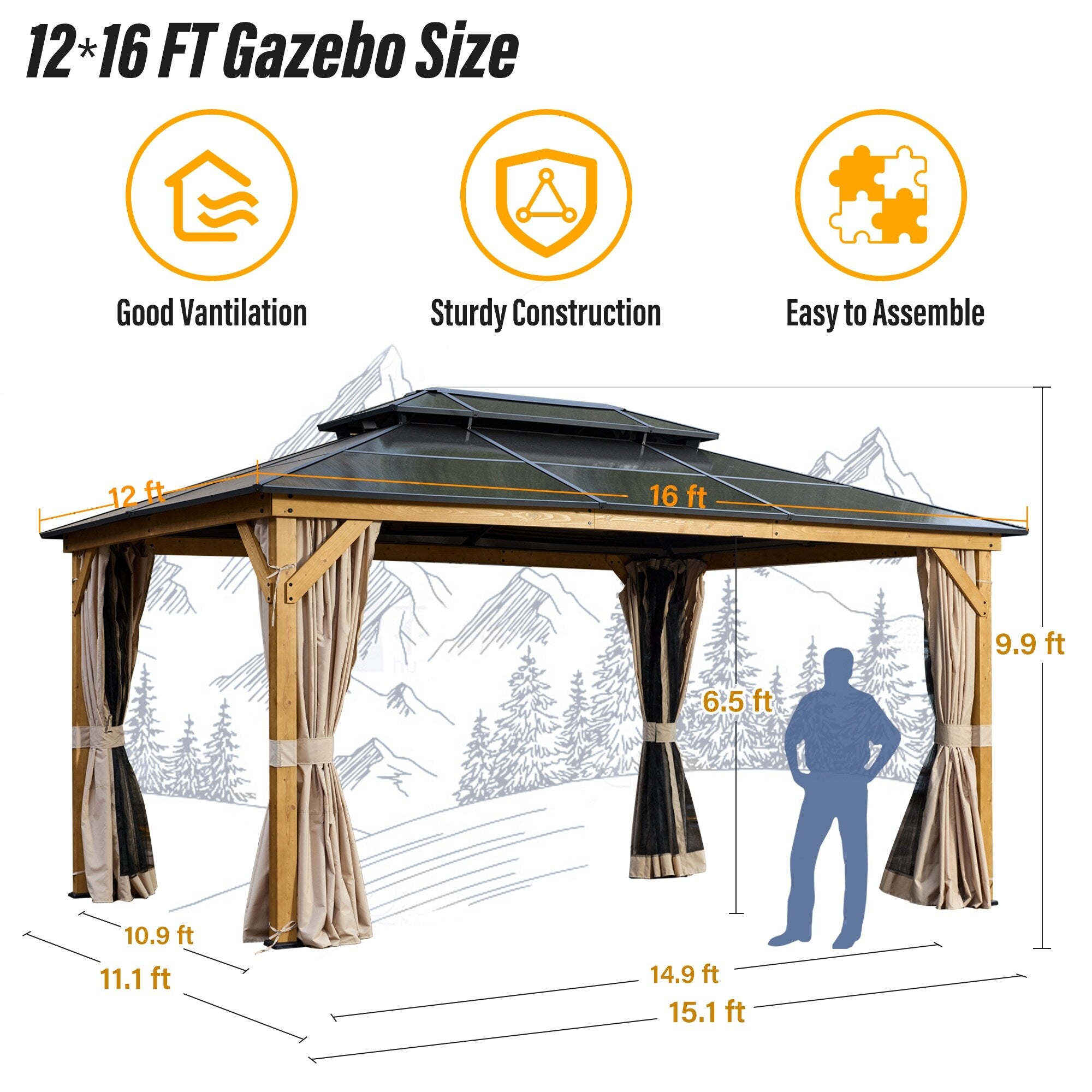EROMMY Gazebo à toit rigide, Pergola d'extérieur avec double toit, moustiquaire et rideaux, auvent robuste pour patio, jardin, fête à la piscine