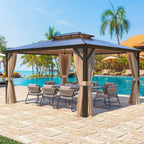 EROMMY Gazebo à toit rigide, Pergola d'extérieur avec double toit, moustiquaire et rideaux, auvent robuste pour patio, jardin, fête à la piscine