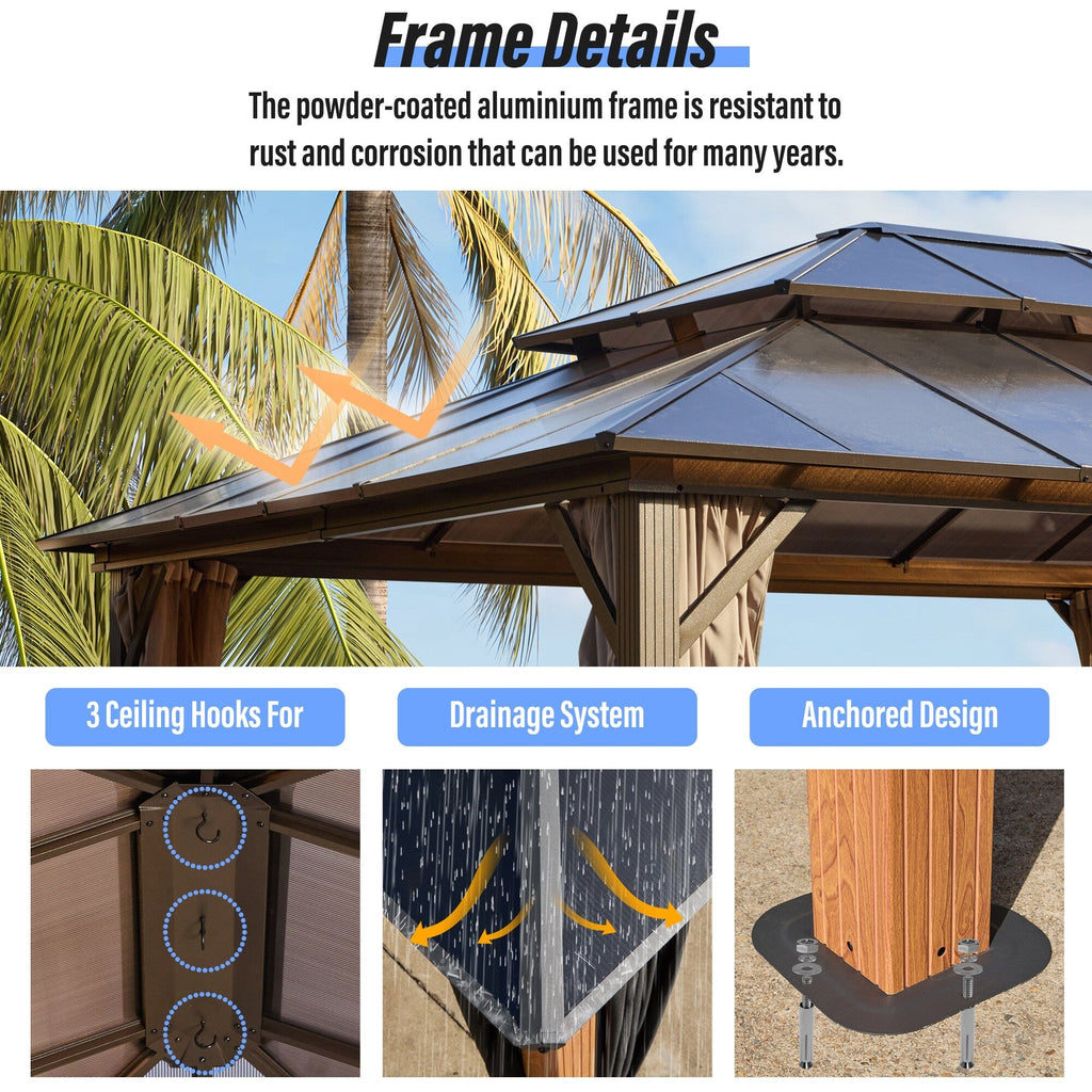 EROMMY Gazebo à toit rigide, Pergola d'extérieur avec double toit, moustiquaire et rideaux, auvent robuste pour patio, jardin, fête à la piscine