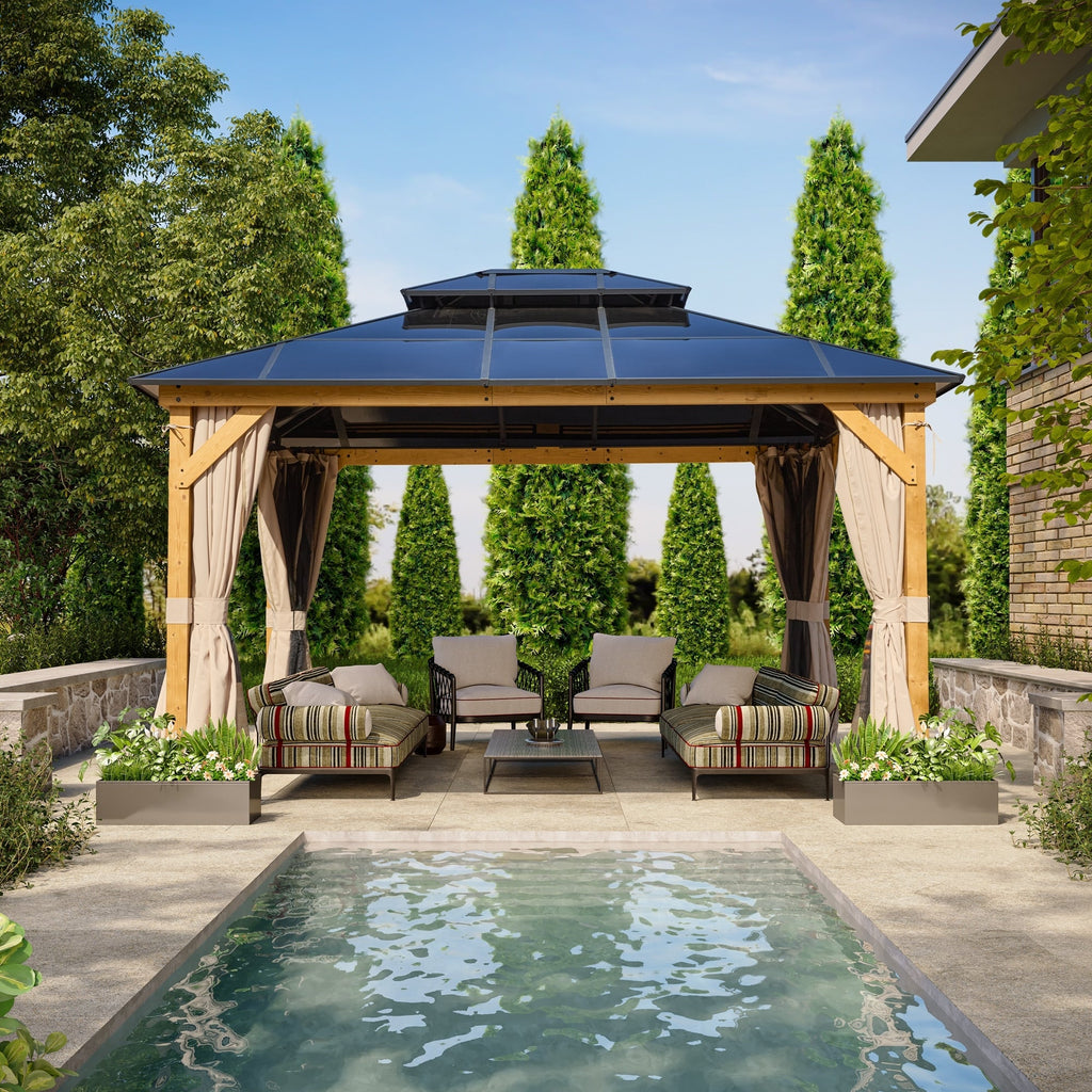 EROMMY Gazebo à toit rigide, Pergola d'extérieur avec double toit, moustiquaire et rideaux, auvent robuste pour patio, jardin, fête à la piscine