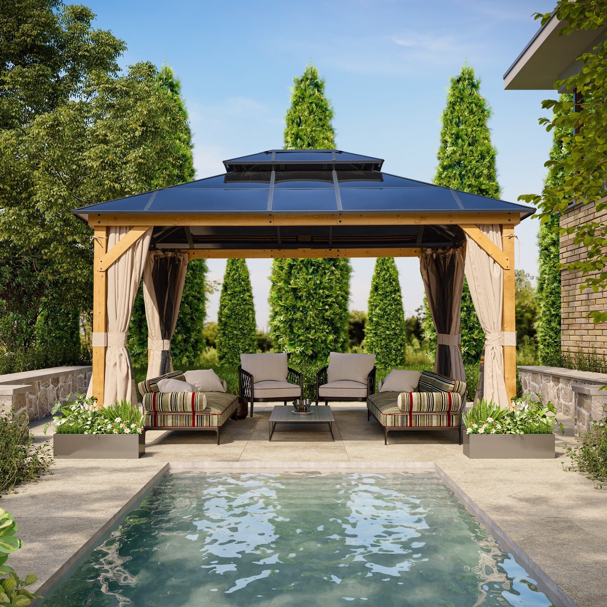 EROMMY Gazebo à toit rigide, Pergola d'extérieur avec double toit, moustiquaire et rideaux, auvent robuste pour patio, jardin, fête à la piscine