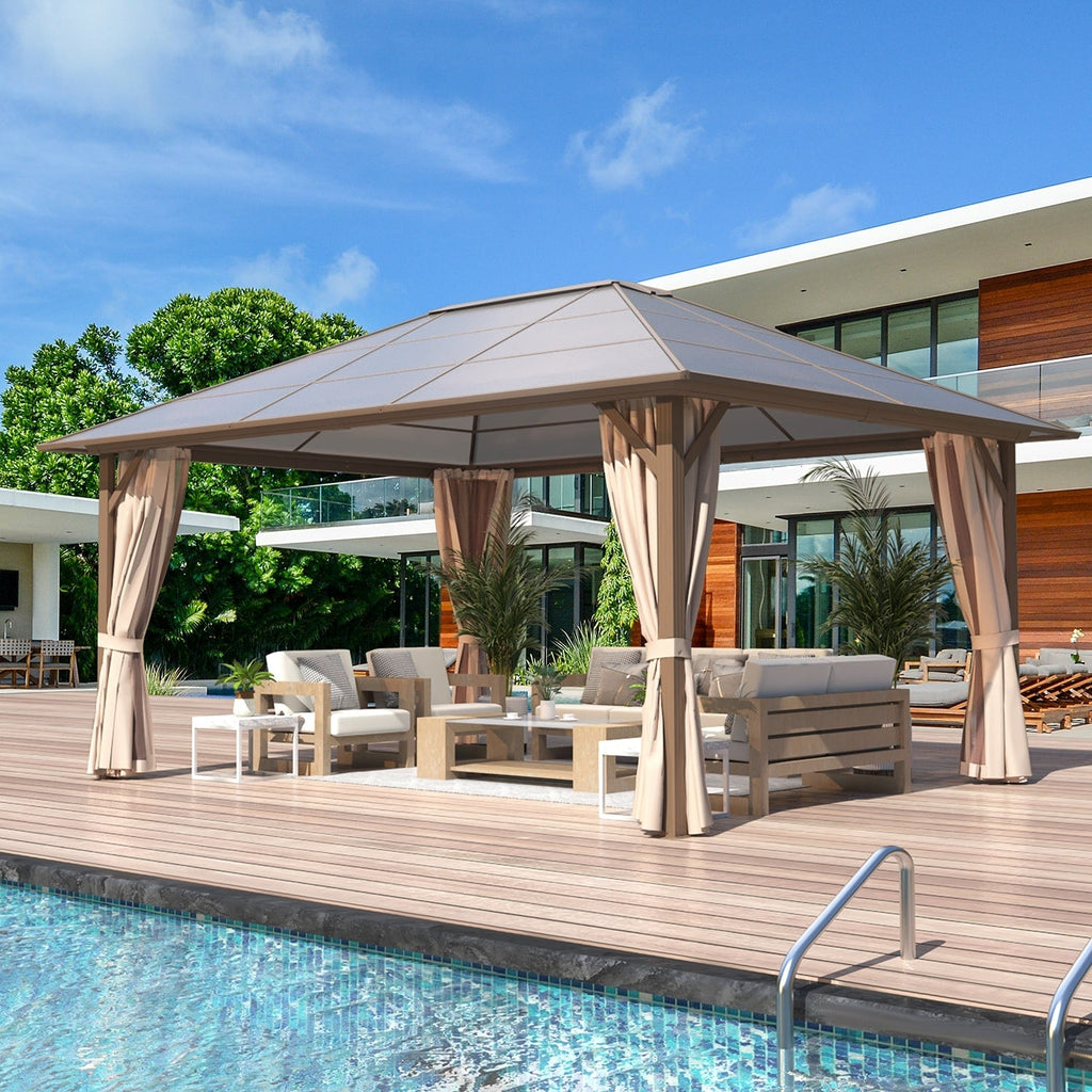 EROMMY Gazebo à toit rigide, Pergola d'extérieur avec double toit, moustiquaire et rideaux, auvent robuste pour patio, jardin, fête à la piscine