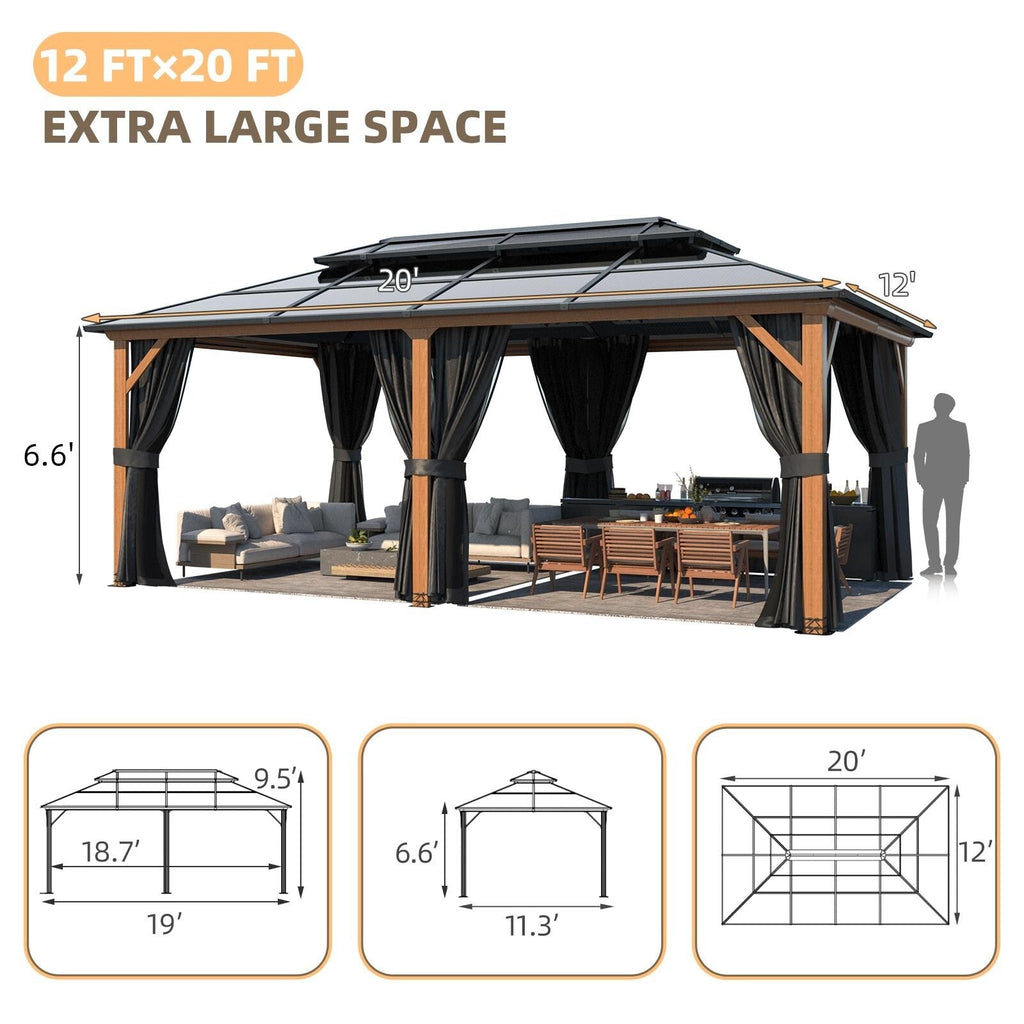 EROMMY Gazebo à toit rigide, Pergola d'extérieur avec double toit, moustiquaire et rideaux, auvent robuste pour patio, jardin, fête à la piscine