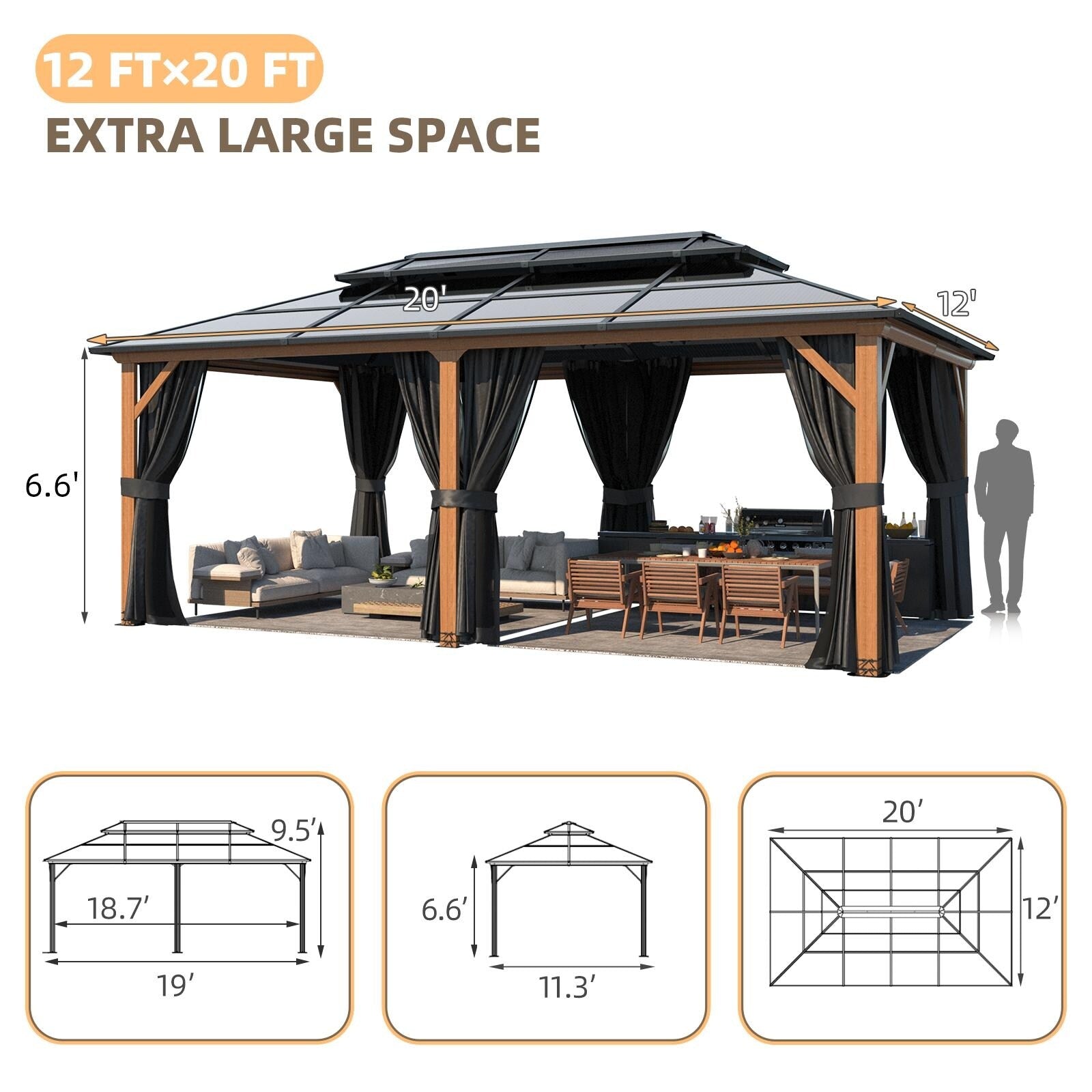 EROMMY Gazebo à toit rigide, Pergola d'extérieur avec double toit, moustiquaire et rideaux, auvent robuste pour patio, jardin, fête à la piscine