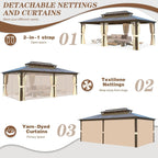 EROMMY Gazebo à toit rigide, Pergola d'extérieur avec double toit, moustiquaire et rideaux, auvent robuste pour patio, jardin, fête à la piscine