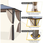 EROMMY Gazebo à toit rigide, Pergola d'extérieur avec double toit, moustiquaire et rideaux, auvent robuste pour patio, jardin, fête à la piscine