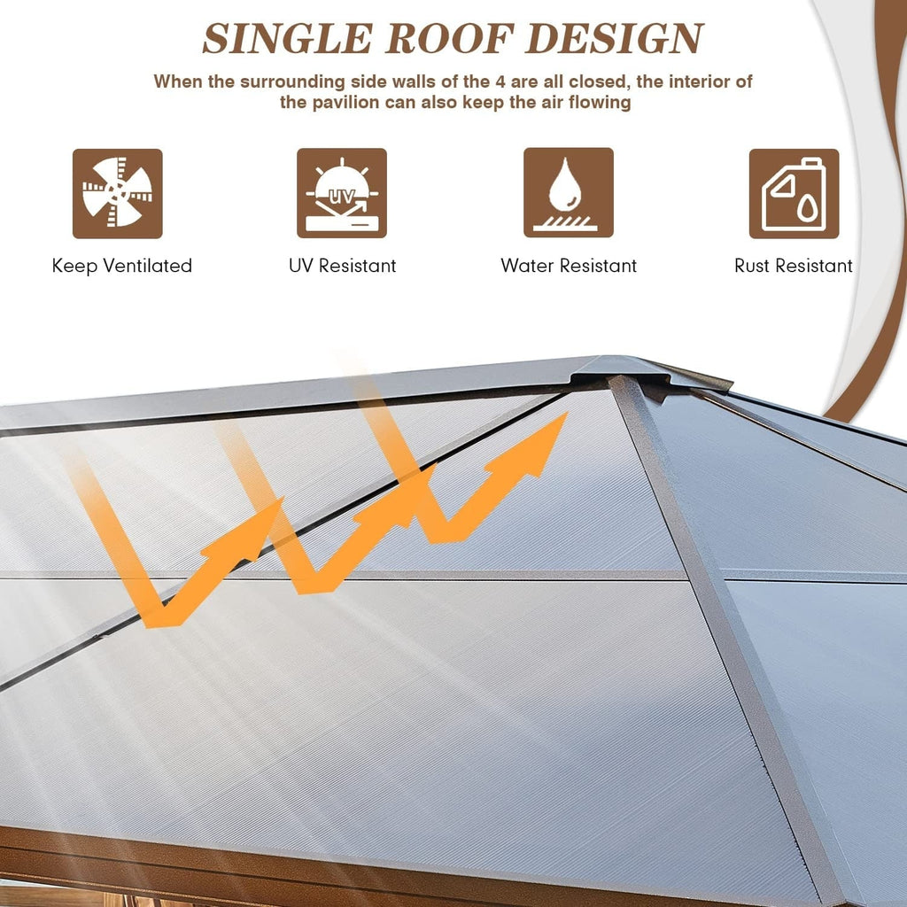 EROMMY Gazebo à toit rigide, Pergola d'extérieur avec double toit, moustiquaire et rideaux, auvent robuste pour patio, jardin, fête à la piscine