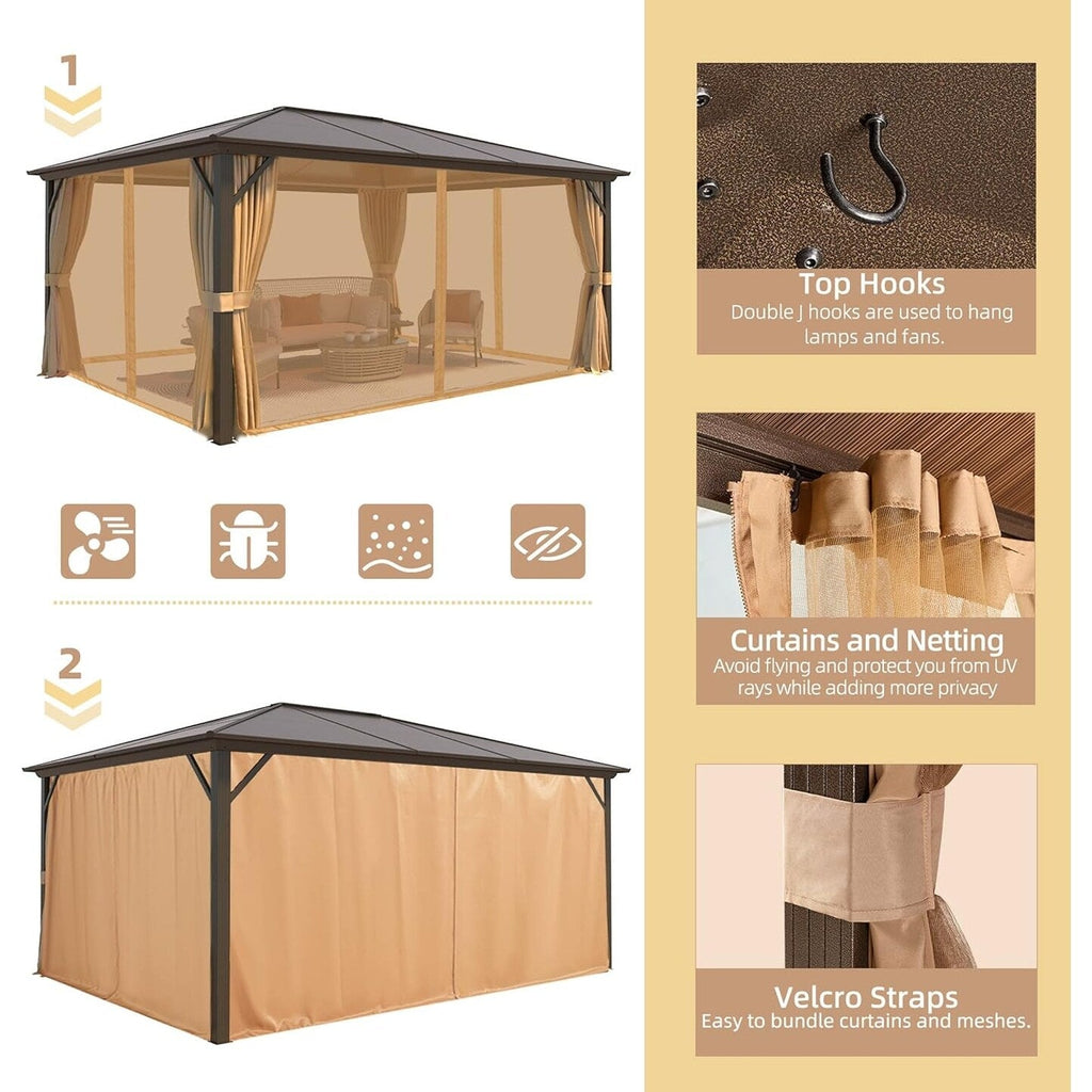 Gazebo à toit rigide pour jardin – Pergola permanente avec moustiquaire, rideaux et double toit, abri extérieur toutes saisons